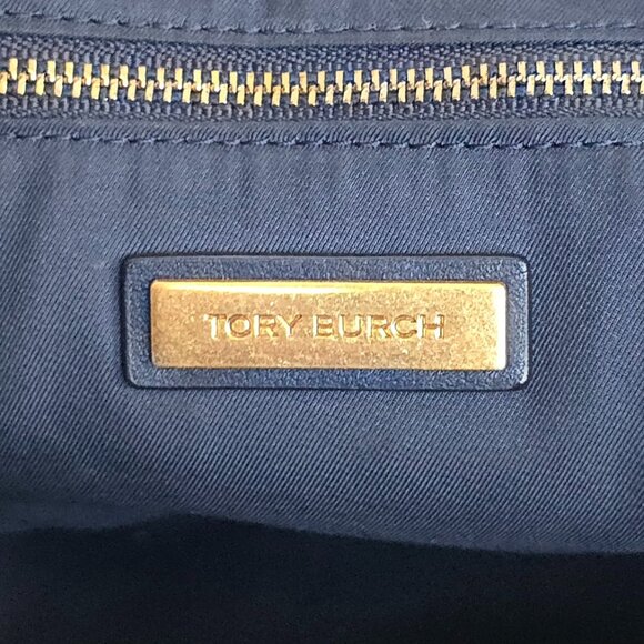 Tory Burch Georgia Quilted Leather Tote Navy Blue Slouchy Golden Hardware - Picture 7 of 17